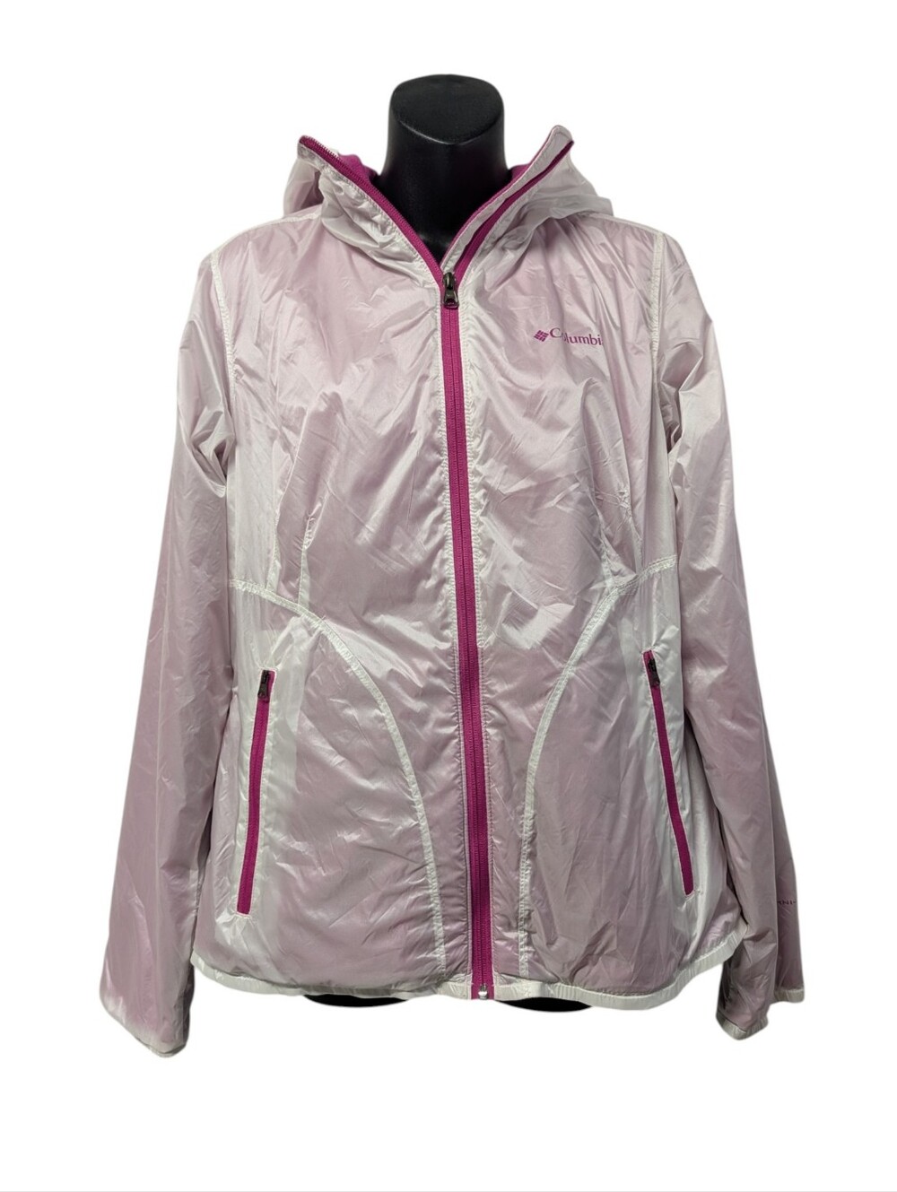Columbia White Pink Thin Shell Fleece Lined Hooded Jacket Women’s Size M